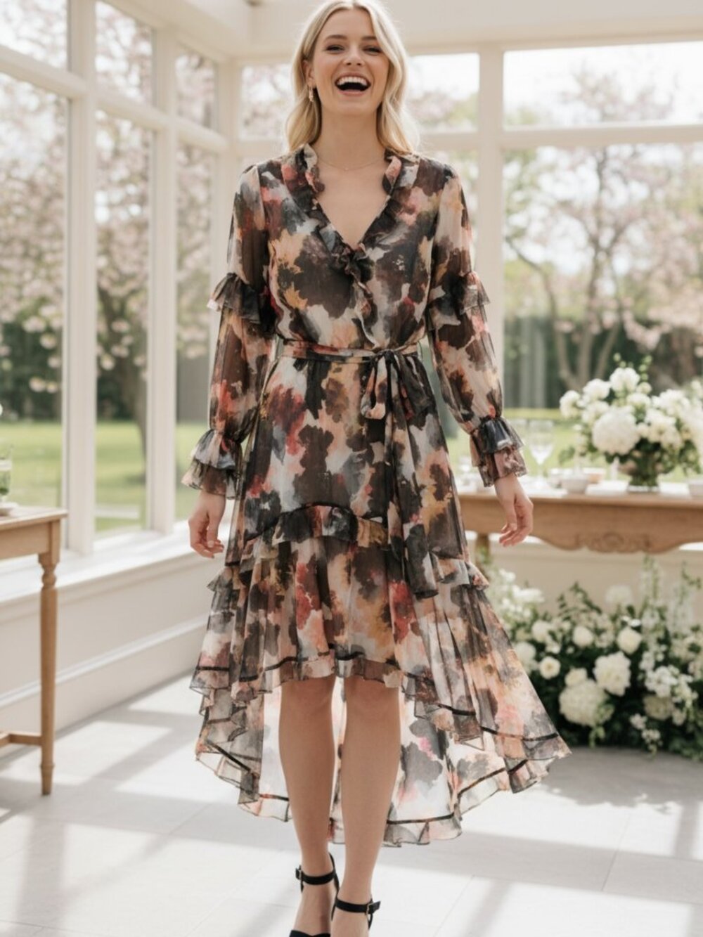 NWT MARCHESA ROSA DRESS WEDDING GUEST ABSTRACT FLORAL ASYMMETRIC MAXI SPRING